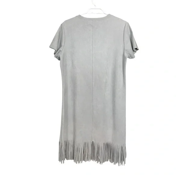Joh Dove Grey Stretch Faux Suede Dress w Fringe - Picture 4 of 8